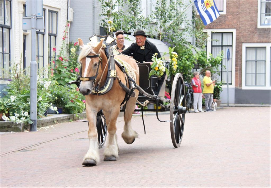 Die Sieger des Ringstechens in ihrer geschmueckten Kutsche beim folkloristischen Tag in Middelburg.