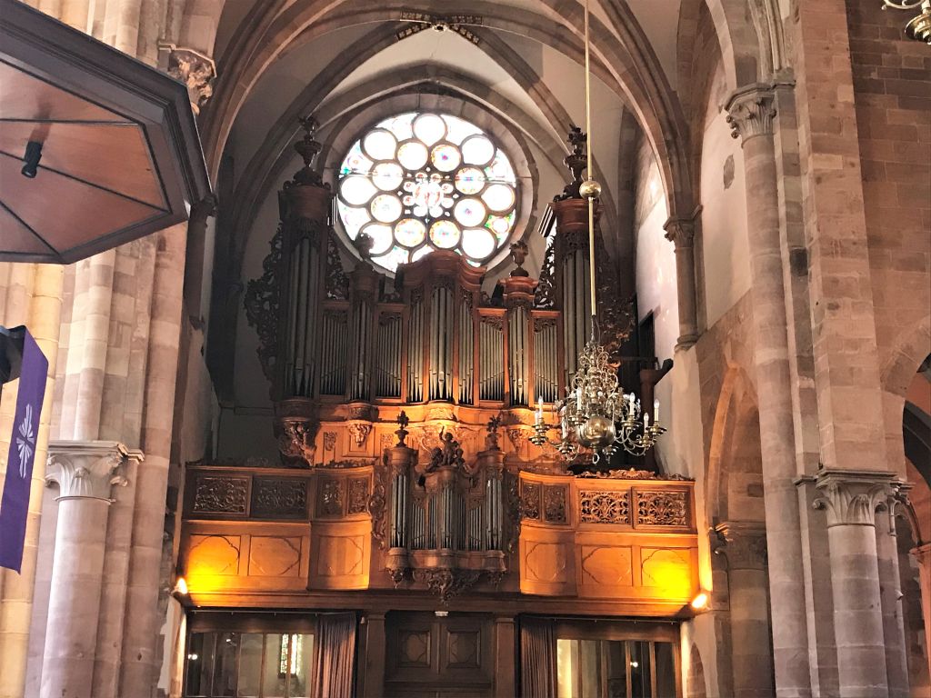 Rosette und Silbermann-Orgel in der Thomaskirche in Strassburg, Elsass