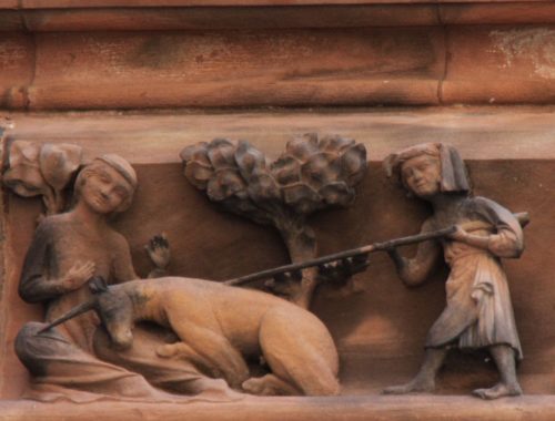 Jagd auf ein Einhorn; Fries des Nordturms der Cathedrale de Strasbourg