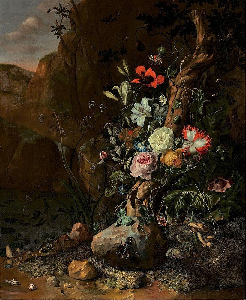Rachel Ruysch, Baumstamm umgeben von Blumen, einem Hirschkäfer und anderen Insekten; 1685
