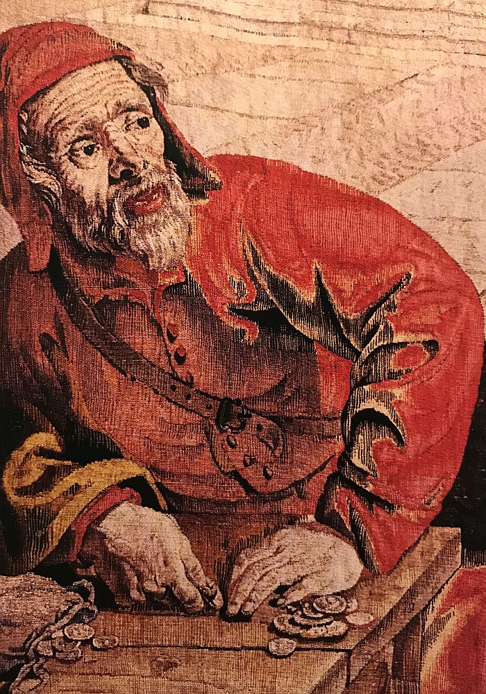 Geldwechsler im Temepl - Detail des Bildteppichs Darstellung Maria im Tempel